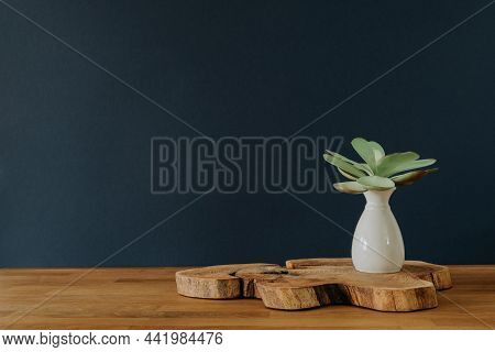 Green Plant In Vase On Wooden Table With Copy Space