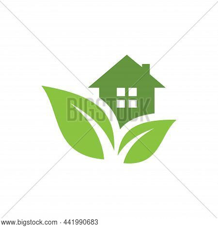 Green House With Leaves Vector Logo Icon. Eco Friendly Energy Efficient Home Symbol.