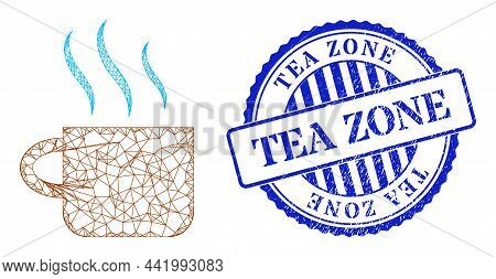 Vector Net Hot Tea Cup Model, And Tea Zone Blue Round Corroded Stamp Seal. Crossed Carcass Net Illus