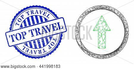 Vector Crossing Mesh Rounded Up Arrow Frame, And Top Travel Blue Round Grunge Seal. Crossed Frame Ne