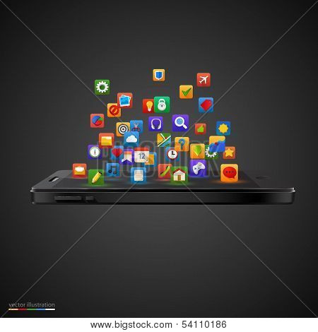 Smartphone with cloud of application icons.