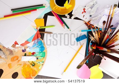 Workplace of artist close-up