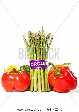 Healthy Asparagus and Bell Peppers with Organic Label