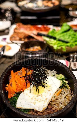 Traditional Korean Bibim Bap on Hot Stone Bowl