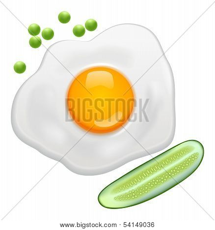 fried egg, green Peas, cucumber
