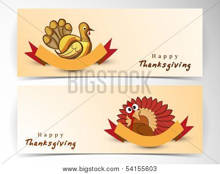 Happy Thanksgiving Day website header or banner set with beautiful turkey bird with ribbo on pink background.