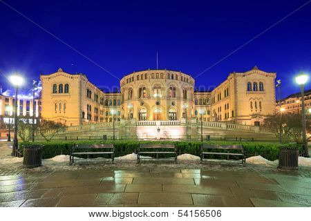 Oslo Stortinget Parliament at dusk Norway