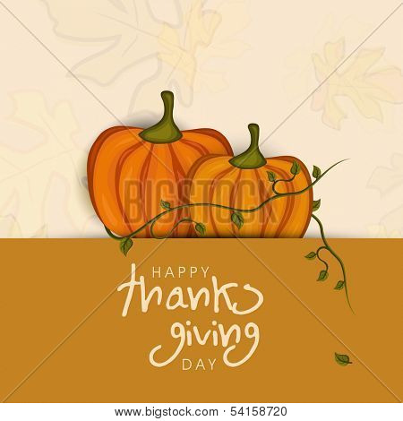 Happy Thanksgiving Day concept with pumpkin with autumn leaves on pink and brown background, can be use as flyer, banner or poster. 