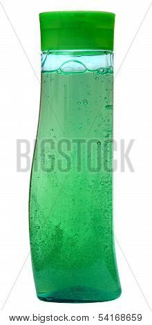 Plastic bottle with liquid soap, shower gel or shampoo.