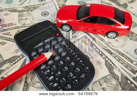 Car money and calculator. Payments and costs.