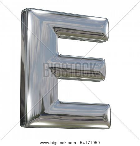 Metal polished glossy letter E from chrome solid alphabet isolated on white
