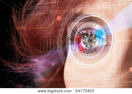 Modern cyber woman with technolgy eye looking