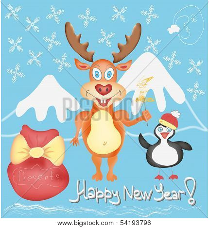 New Year Holiday Greeting Card With Deer And Penguin Cute Cartoon Characters With Snowflakes And Pre