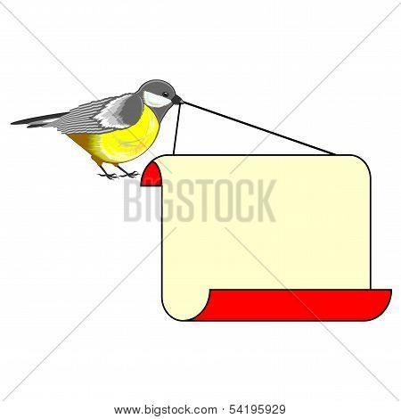 A Cute Bird (titmouse) With A Big Blank Paper In Its Beak