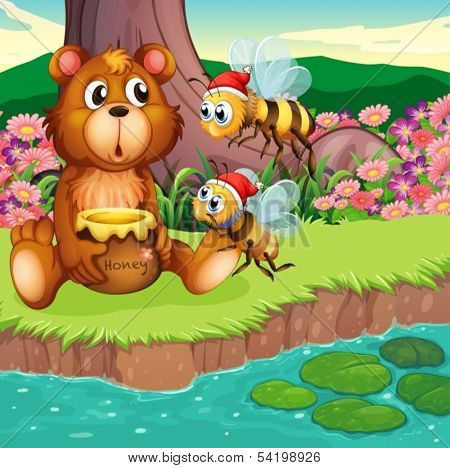 Illustration of a big bear and bees at the riverbank 