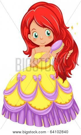 Illustration of a princess combing her hair on a white background