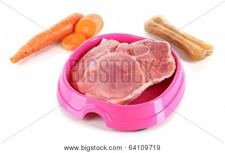 Natural food for pets in plastic bowl isolated on white