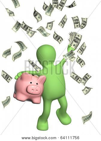 Happy puppet with piggy bank and banknotes of dollars. Isolated on white background