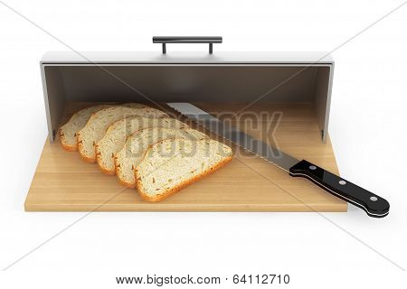 Modern Steel Bread Bin With Pieces Of Bread And Knife