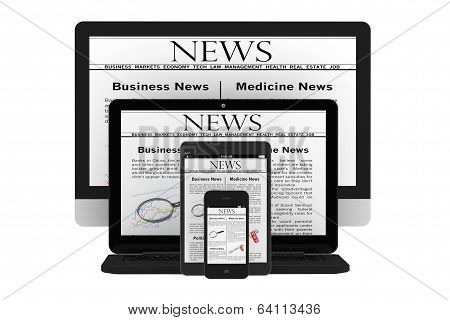 Mobile News Concept. Desktop Computer, Notebook, Tablet Pc And Mobile Phone With News