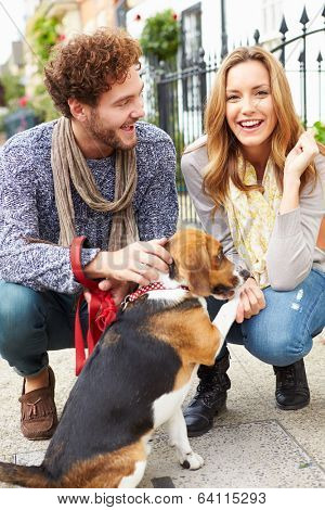 Couple Taking Dog For Walk On City Street