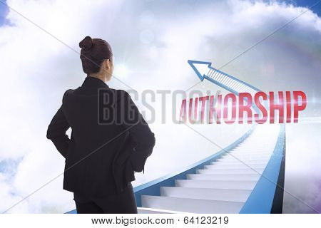 The word authorship and businesswoman with hands on hips against red staircase arrow pointing up against sky