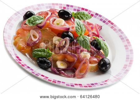 salad with ox heart tomatoes, onions olives and garlic