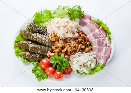Assorted Snacks. Pickles, Tomatoes, Bacon And Mushrooms