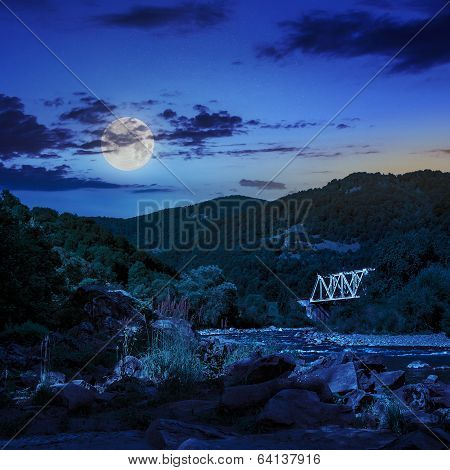 Forest River With Stones And Grass At Night