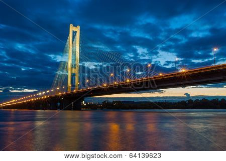 Pivdennyi Bridge in evening (Southern in evening). Ukraine. Kiev.