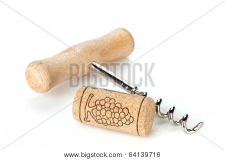 Cork and corkscrew. Isolated on white background