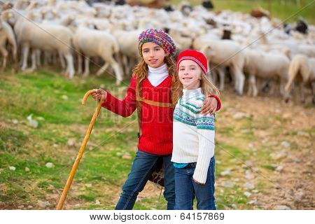 Kid girl shepherdess sisters happy with flock of sheep and wooden stick in Spain
