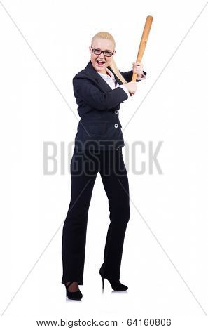Businesswoman with baseball bat on white