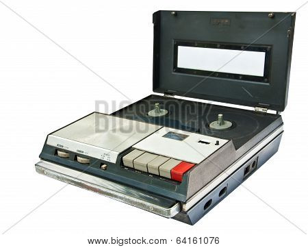 Old Video Cassette Recorder Ejecting Isolated On White Background
