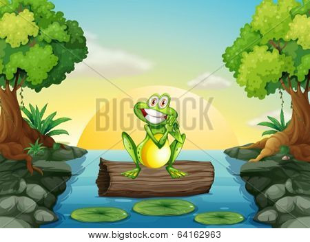 Illustration of a frog at the river standing above the log