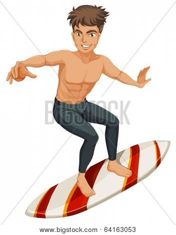 Illustration of a man surfing on a white background