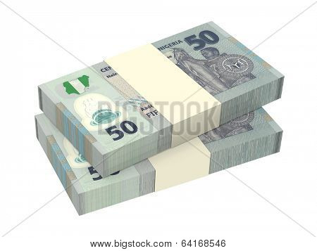 Nigerian nairas isolated on white background. Computer generated 3D photo rendering.
