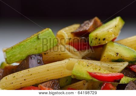 Pasta with shrimps, herbs and mashrooms isolated on white background in studio