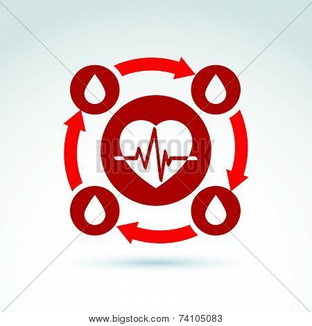 illustration of a red heart symbol with an ecg placed in a circle, heartbeat line, medical cardiolog