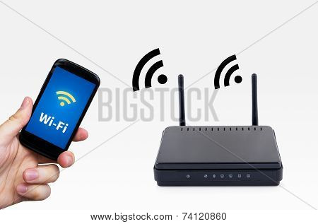 Wireless Router With Mobile Device Network Concept