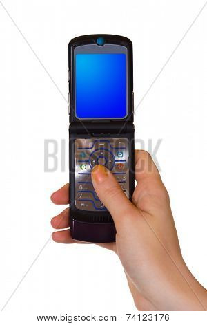 Flip mobile phone in hand, isolated on white background