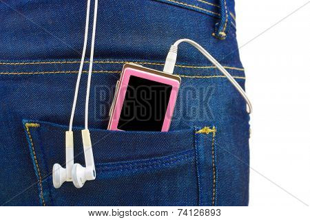 MP3 player in jeans pocket isolated on white background