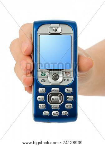 Hand giving mobile phone isolated on white background