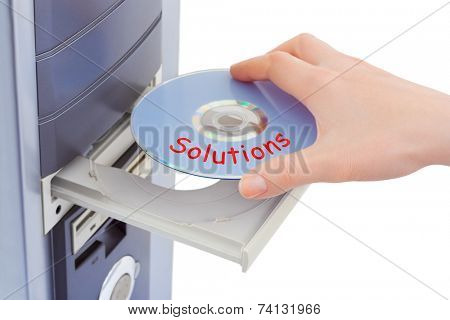 Hand and computer disk solution isolated on white background