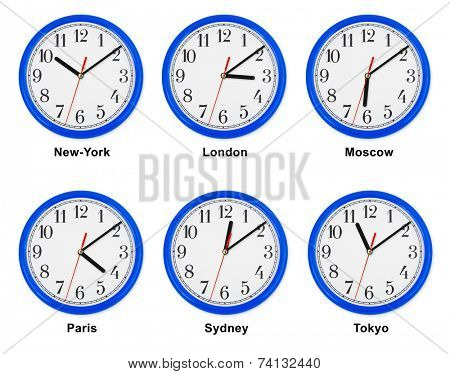 Group of clocks isolated on white background