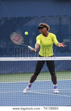 Seventeen times Grand Slam champion Serena Williams practices for US Open 2014