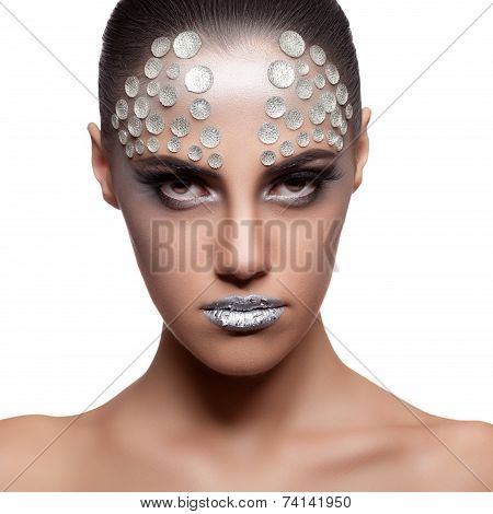 Beautiful Brunette Model With Rhinestone Fashion Make Up