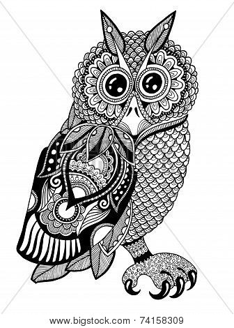 original artwork of owl, ink hand drawing in ethnic style