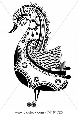 ink drawing of tribal ornamental bird, ethnic pattern, black and