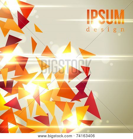 Abstract background with flying triangles and bright sunbeams.